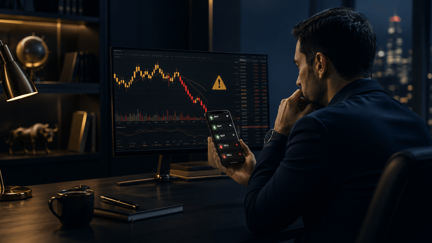 متداول يتلقى إشارات شراء وبيع على الهاتف بينما تظهر شاشة تداول تحذيرية في الخلفية