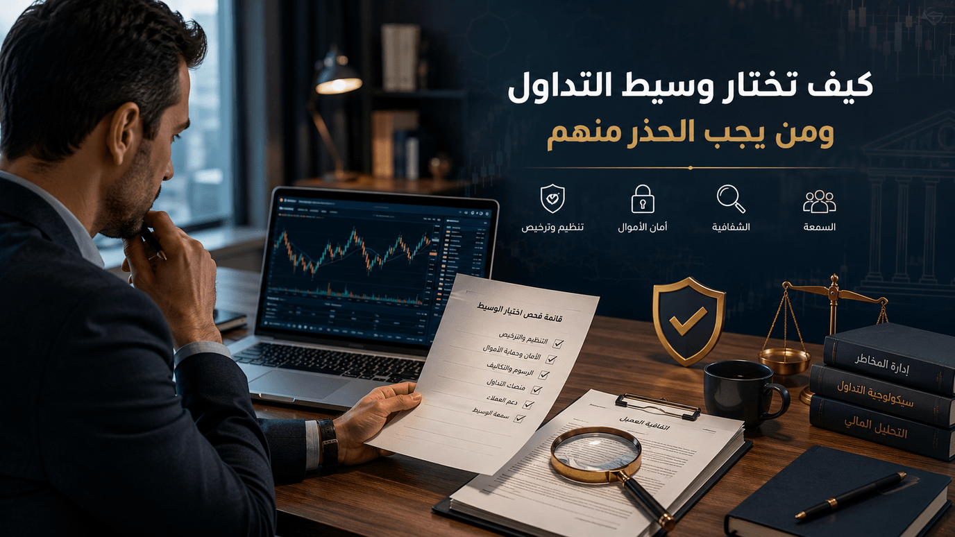 مستثمر يفحص وسيط التداول عبر قائمة تحقق تشمل الترخيص والأمان والشفافية والسمعة