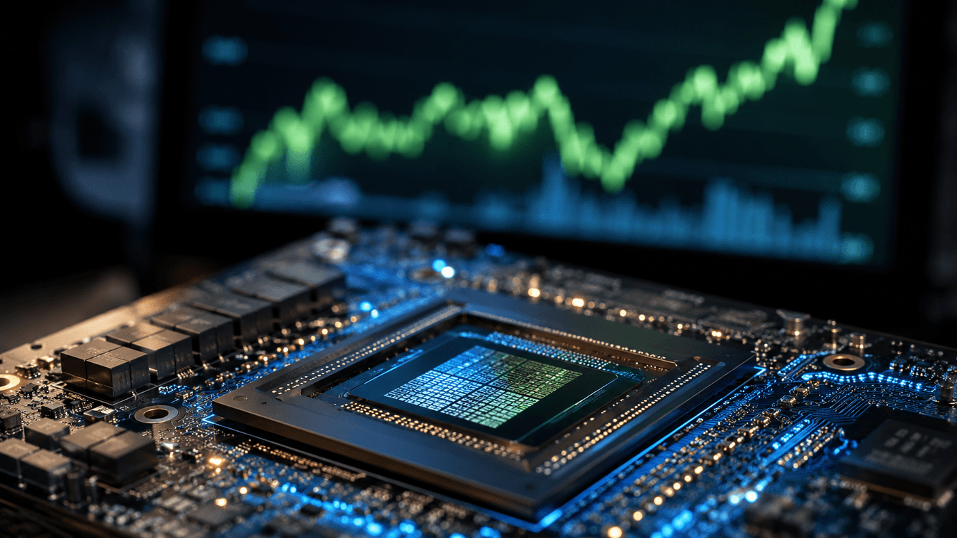 لقطة مقرّبة لرقاقة ذكاءٍ اصطناعيّ متقدّمة (GPU) على لوحة دوائر بإضاءةٍ زرقاء، وخلفها شاشة تعرض رسمًا بيانيًّا أخضر صاعدًا