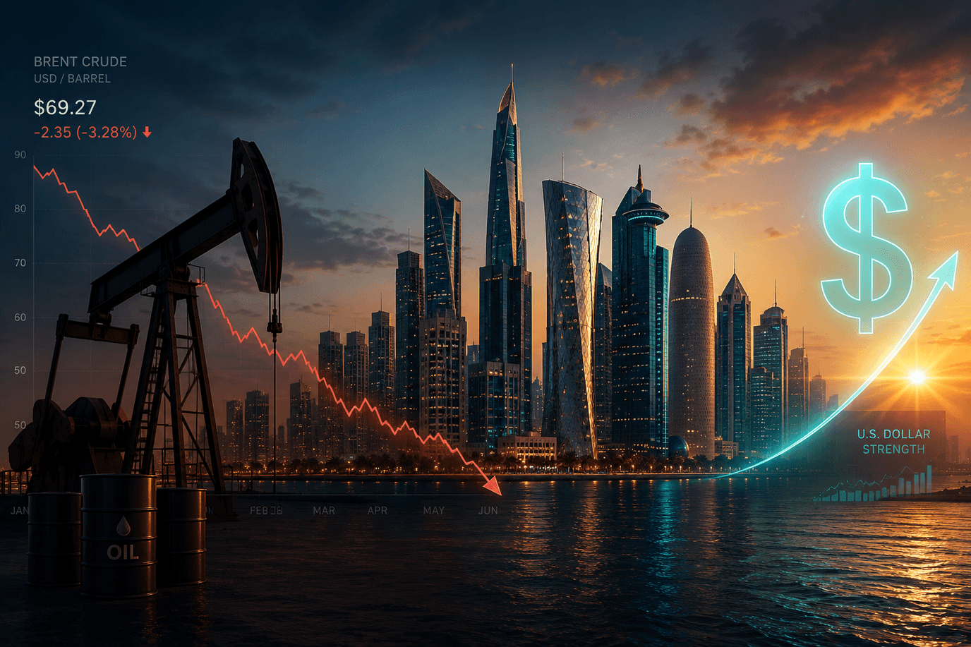 أفق مدينة خليجيّة من الأبراج الزجاجيّة عند الغروب مع مضخّة نفطٍ ومنحنى برنت هابطٍ ورمز دولارٍ صاعد — أثر الإطار الأمريكيّ–الإيرانيّ على أسواق المنطقة