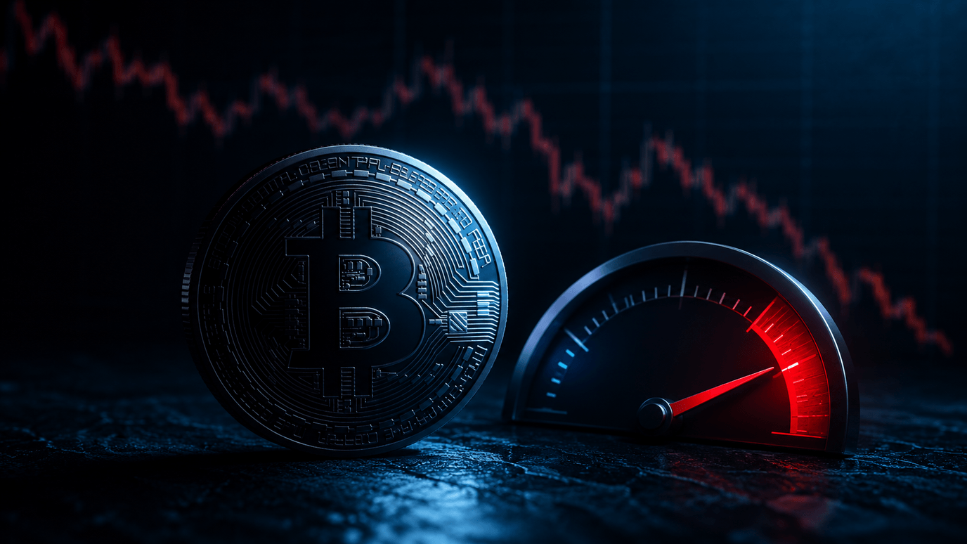 عملة بيتكوين بجانب عدّادٍ يشير مؤشّره إلى المنطقة الحمراء أمام منحنًى هابط — الخوف الشديد في سوق الكريبتو