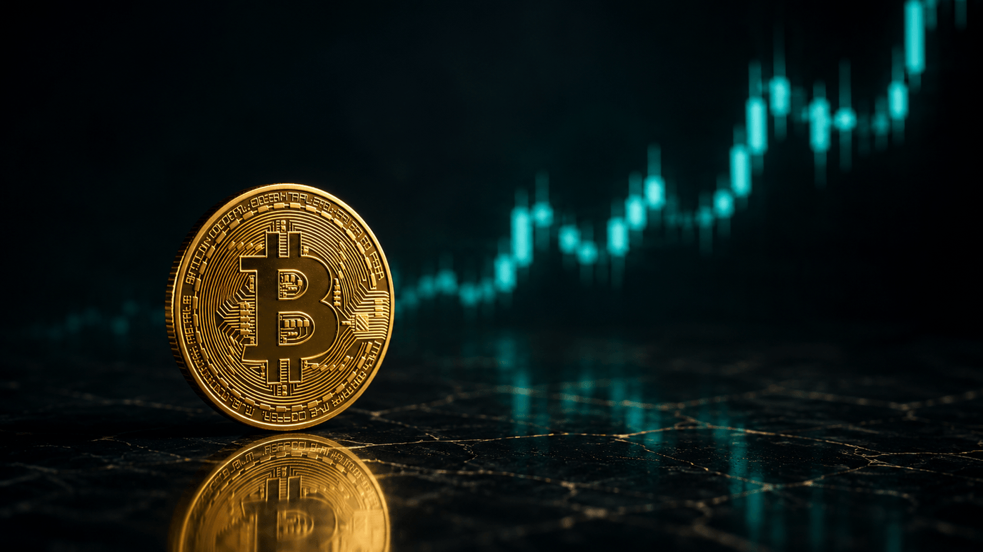 عملة بيتكوين ذهبيّة أمام مخطّط شمعدانيّ صاعد فيروزيّ — عودة الإقبال على المخاطرة قبل الفيدرالي