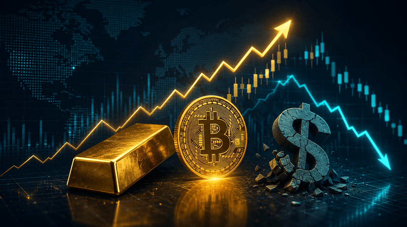 سبيكة ذهب وعملة بيتكوين تصعدان على سهم صاعد بينما يتراجع رمز الدولار — ضعف الدولار يدعم الملاذات