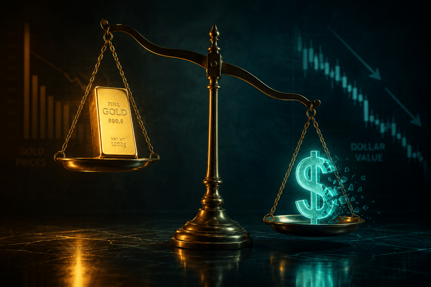 ميزانٌ ترتفع فيه كفّة سبيكة الذهب بينما تهبط كفّة رمز الدولار المضيء — العلاقة العكسيّة بين الذهب والدولار