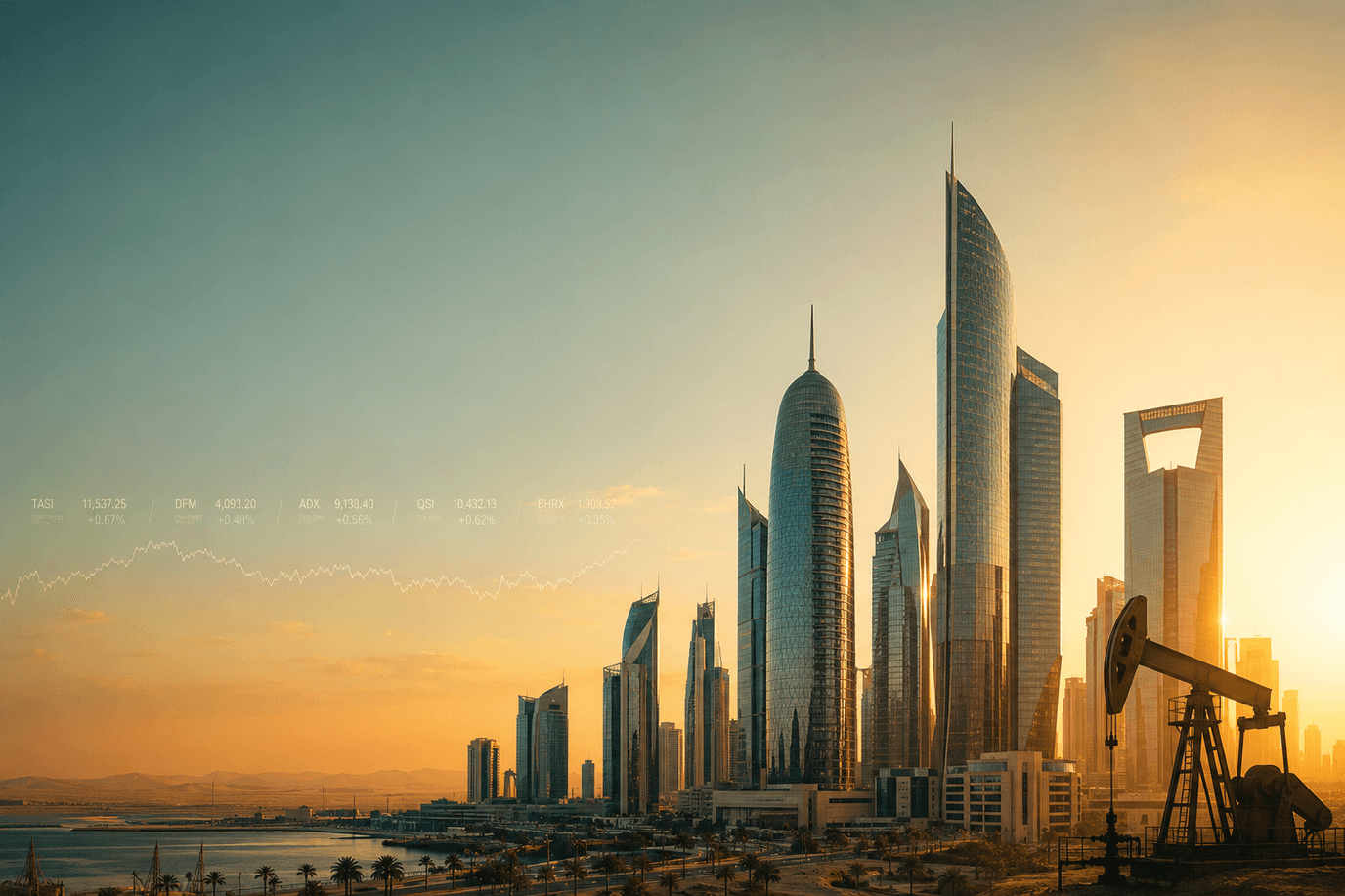 أفق مدينة خليجيّة من الأبراج الزجاجيّة عند الغروب مع مضخّة نفط على الجانب — أسواق الخليج بين الطاقة والمال