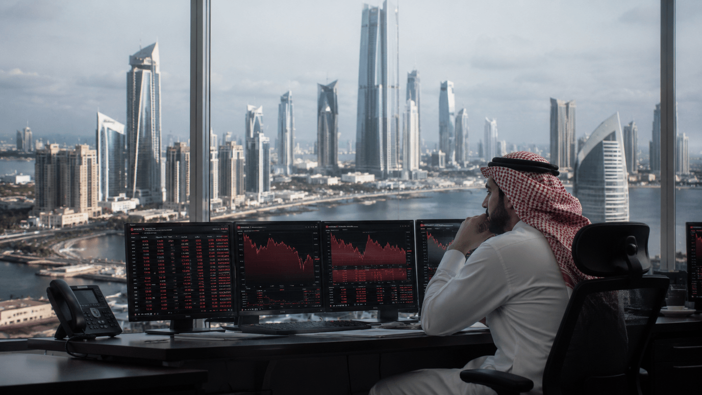 متداولٌ خليجيّ أمام شاشاتٍ حمراء وأفق أبراج دبي — أسواق الخليج تحت ضغط النفط الأضعف والفيدرالي المتشدّد