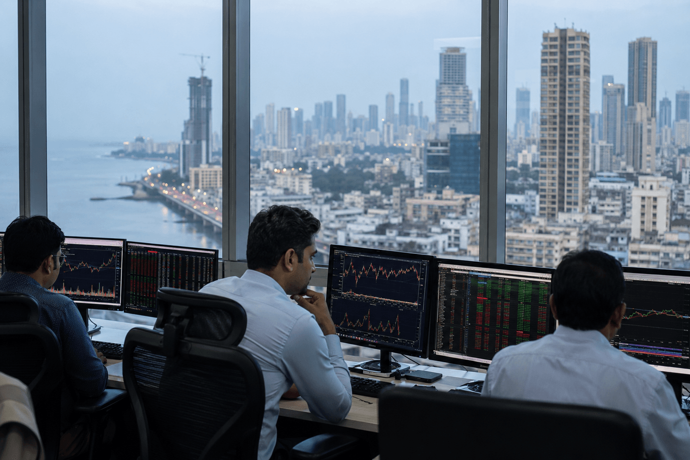 غرفة تداولٍ تطلّ على أفق مدينة مومباي — الأسهم الهنديّة ترتفع وريلاينس تقود مع ترقّب طرح Jio
