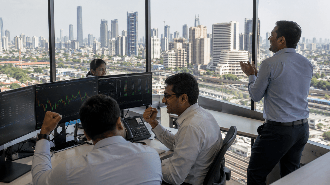 غرفة تداولٍ تطلّ على أفق مدينة مومباي — الأسهم الهنديّة ترتفع وريلاينس تقود مع ترقّب طرح Jio