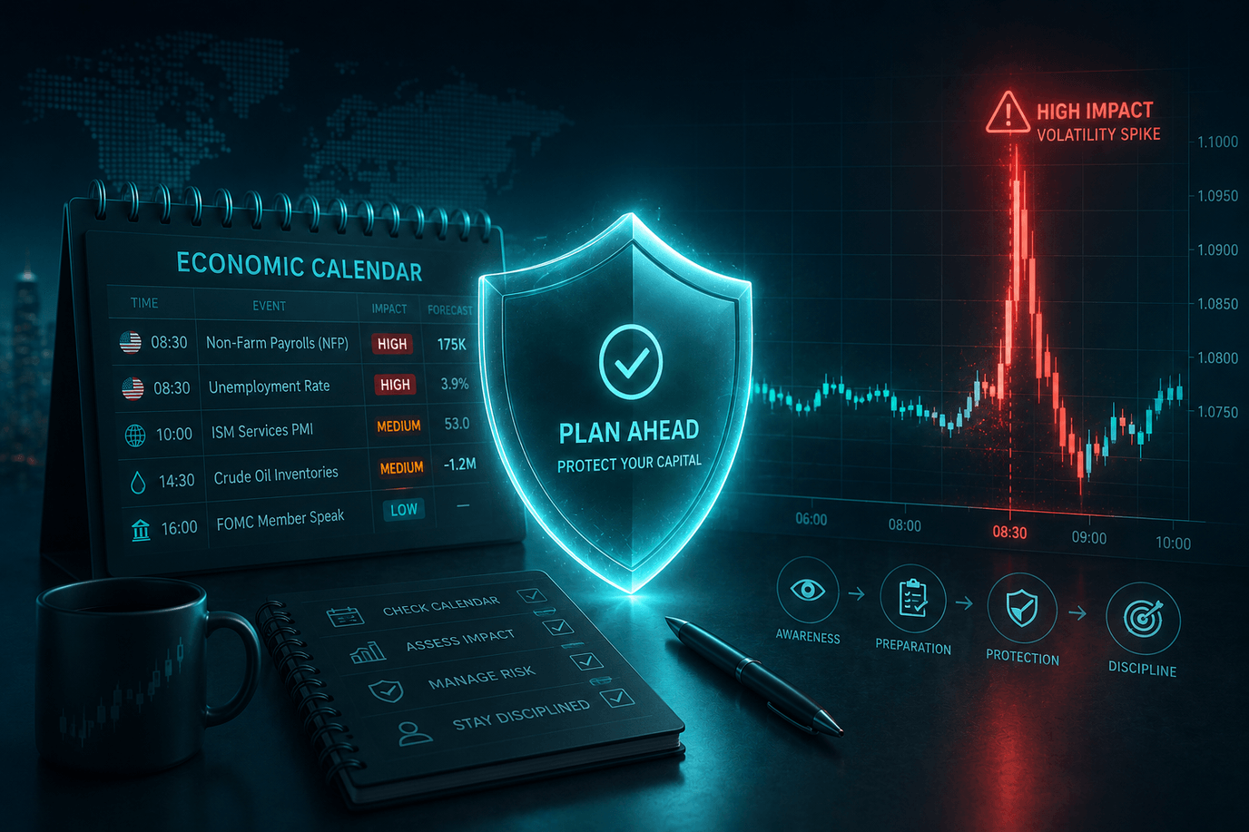 تقويمٌ اقتصاديّ ودرعٌ مضيء بشعار «خطّط مسبقًا» أمام قفزة تقلّبٍ عالية التأثير — التخطيط لإدارة المخاطر قبل صدور البيانات