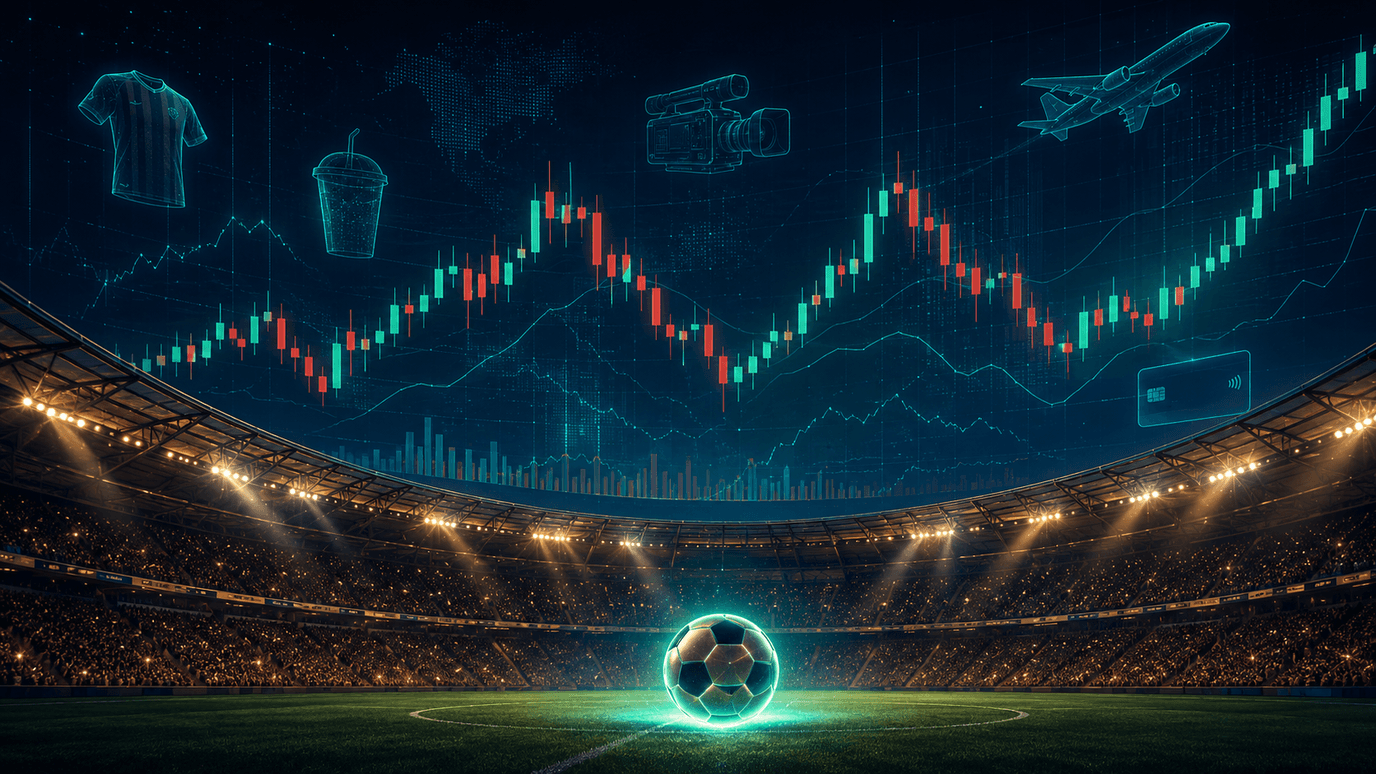 ملعب كأس العالم تحت الأضواء مع شاشة أسعار أسهم تعلو المدرجات